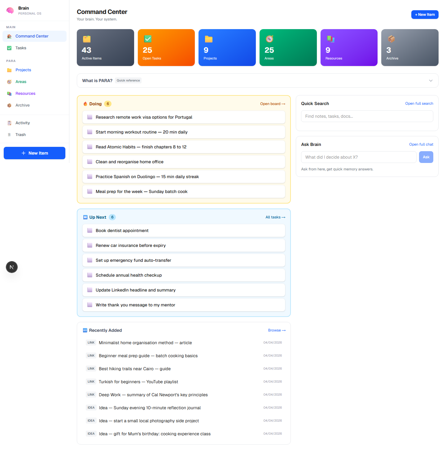 The dashboard command center with PARA stats, task board preview, and quick search.